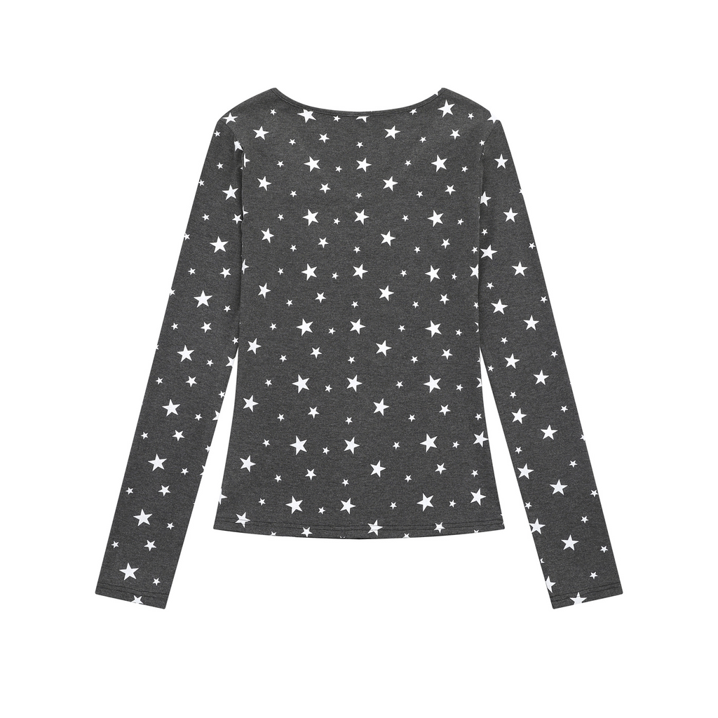 スター柄プリント VネックロングスリーブTシャツ