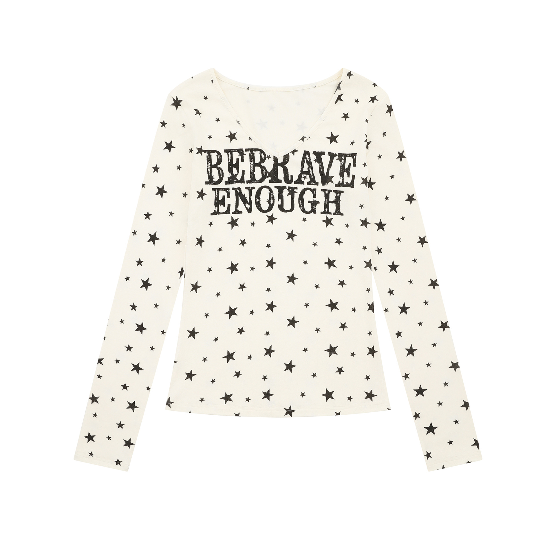 スター柄プリント VネックロングスリーブTシャツ