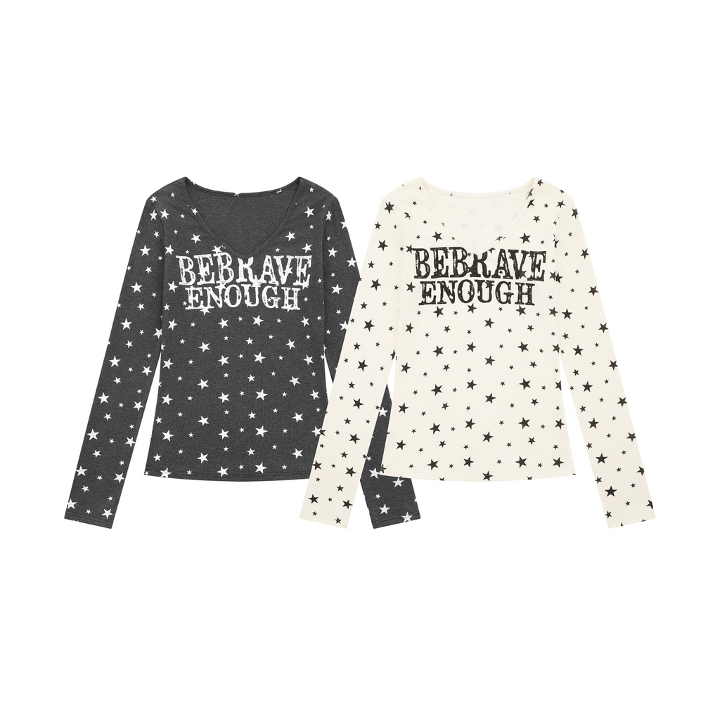 スター柄プリント VネックロングスリーブTシャツ