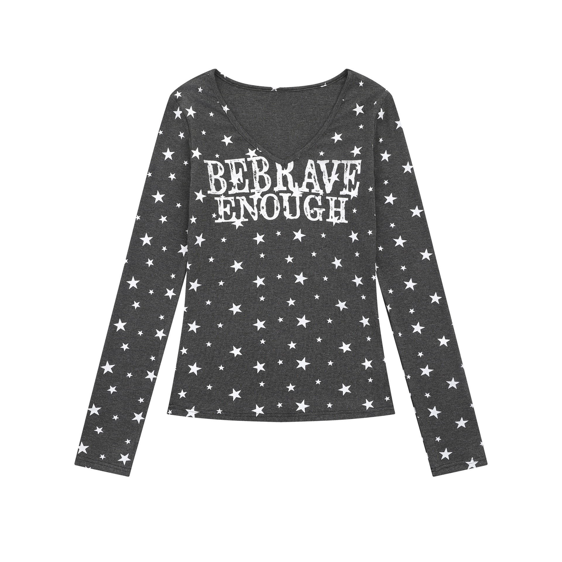 スター柄プリント VネックロングスリーブTシャツ